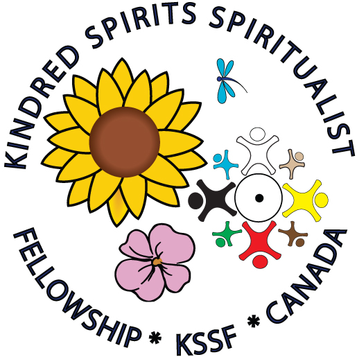 Kindred Spirits Spiritualist Fellowship logo. An image with the following inside a circle, a sunflower in upper left side is a small dragon, beneath this to the right is a group of stick people in a circle, on the bottom left is a wild rose.