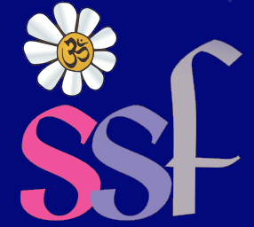 Logo for the Spiritual Science Fellowship, a daisy in the upper left side with an ohm symbol, below this are the letters SSF in pink, then purple, then grey.