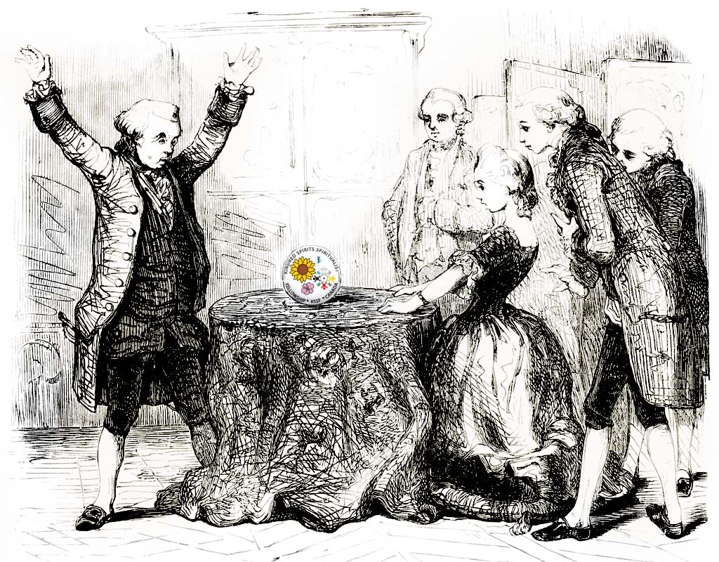 line style drawing of a setting in the 1800s of a woman at a round table with a crystal ball and men around her. In the crystal ball is an image of the Kindred Spirits Spiritualist Fellowship logo.